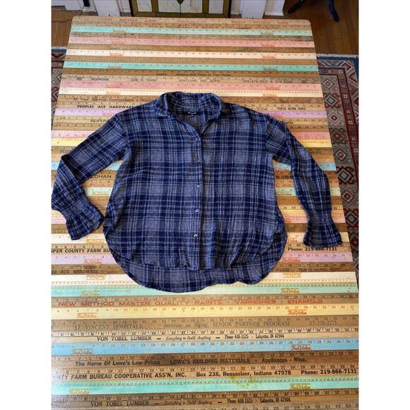 Madewell S Oversized Navy Blue White Plaid Wool Blend Flannel Button Down Shirt - Picture 9 of 12